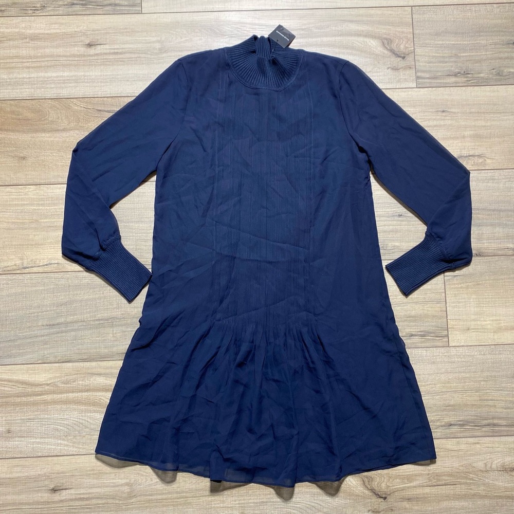 Club Monaco Womens Pintuck Rib Dress Size 2 Blue Relaxed Fit Mockneck